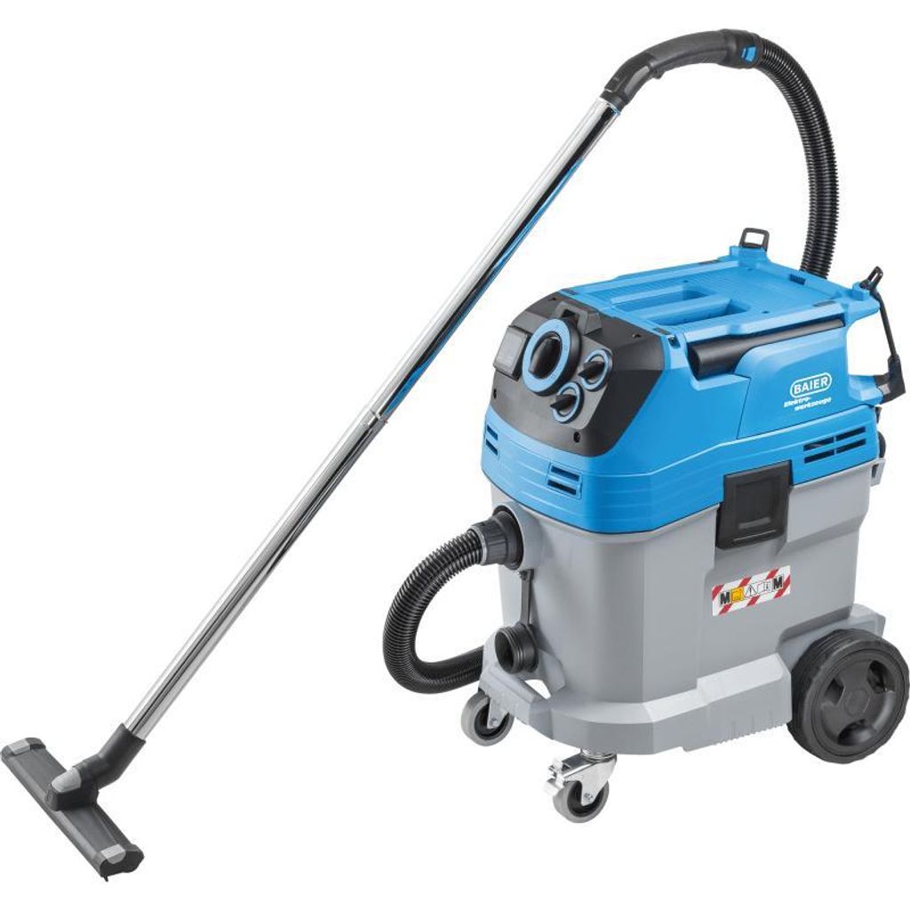 A blue and gray industrial vacuum cleaner with a chrome wand and brush attachment, shown against a white background.