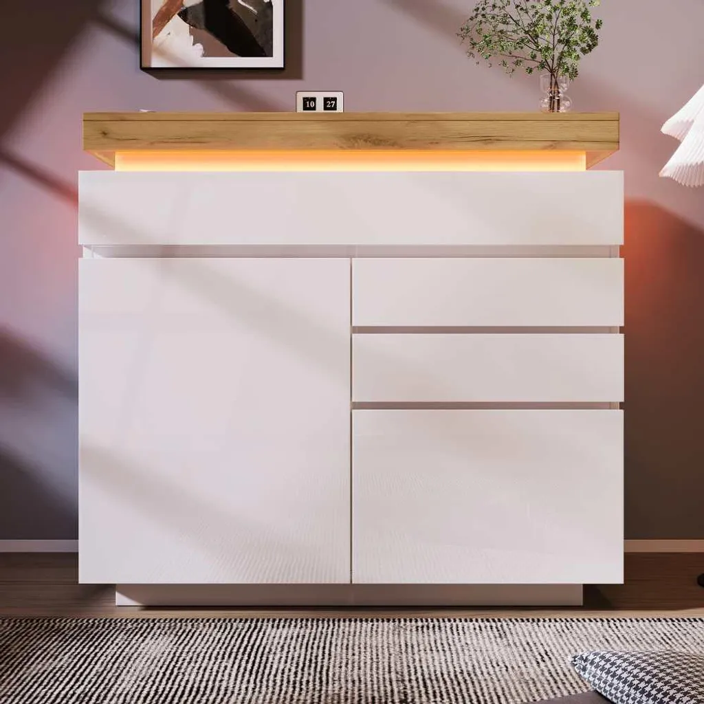 Sideboard design blanc laqué avec LED connectées - Meuble de rangement chic - 5