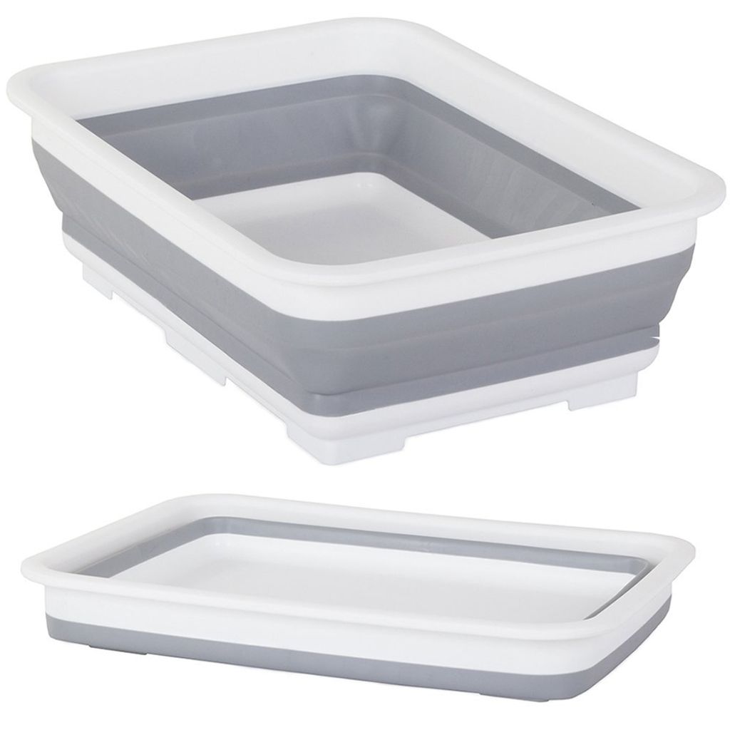 Two views of a collapsible silicone bowl, one expanded and one collapsed.