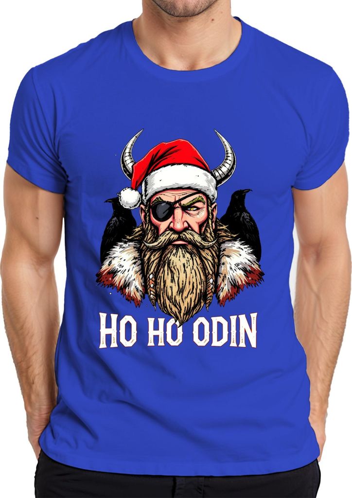 Ho Ho Odin Wikinger Weihnachtsmann Bart Augenklappe Hörner Raben Herren T-Shirt, Blau, 3XL