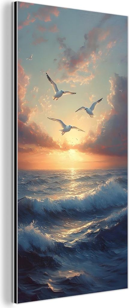 MuchoWow Wanddekoration Metall Metallbild Wandkunst 40x80 cm Möwen - Sonnenuntergang - Meer - Wolken MuchoWow Aluminium Gemälde - Wanddekoration ...