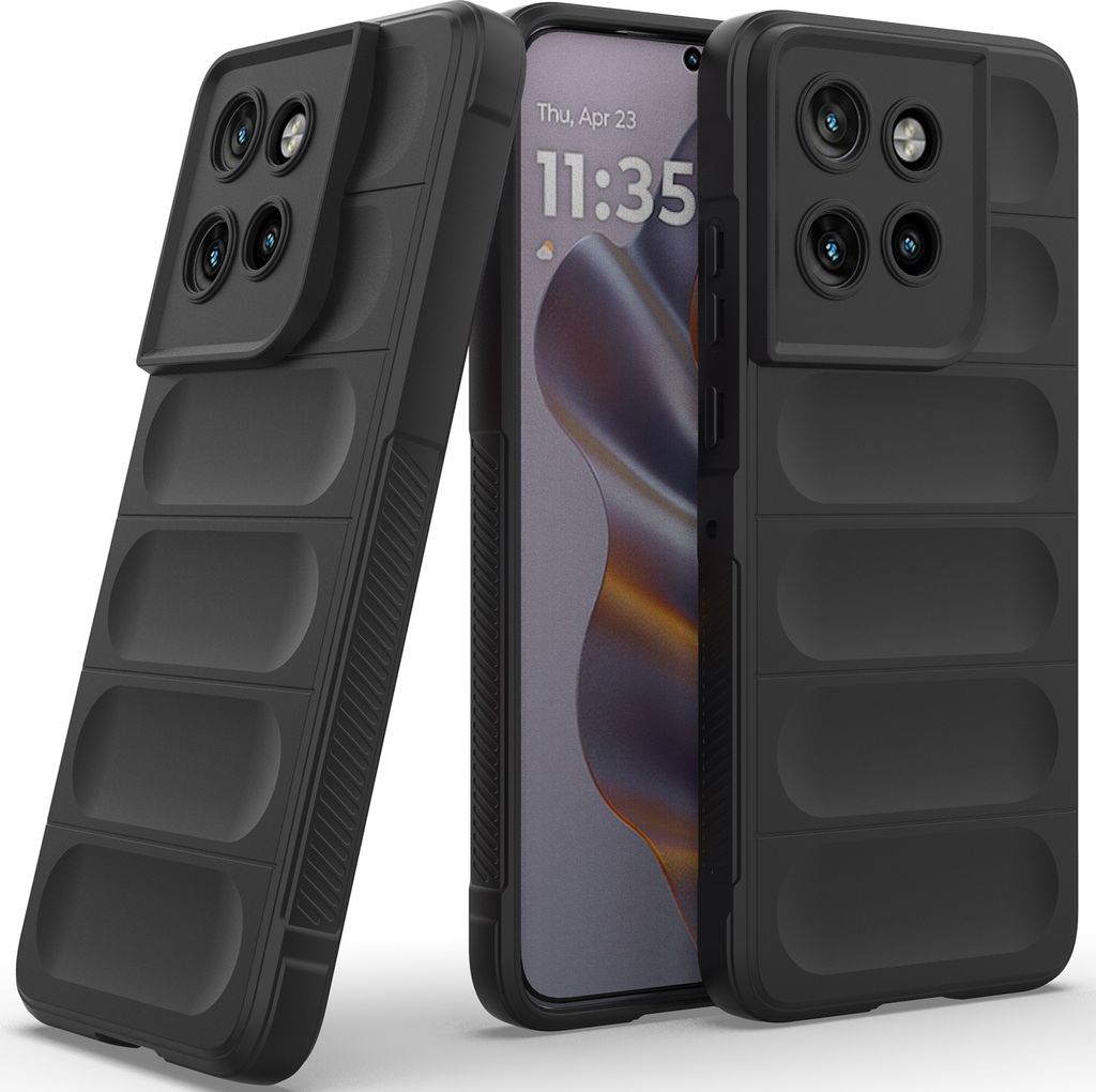 A black phone case is shown from multiple angles, with a phone inside one of the cases.