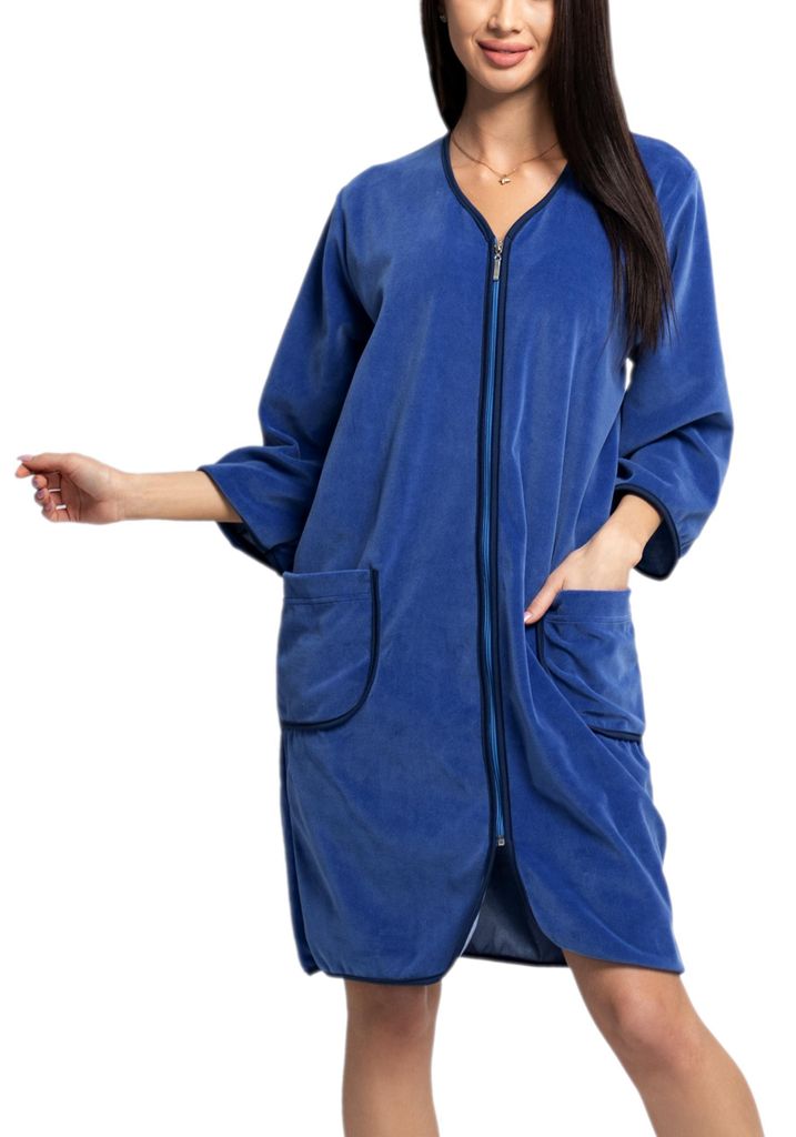 Aquarti Damen Velours Bademantel Morgenmantel Kurz mit Reißverschluss, Farbe: Jeans, Größe: XL