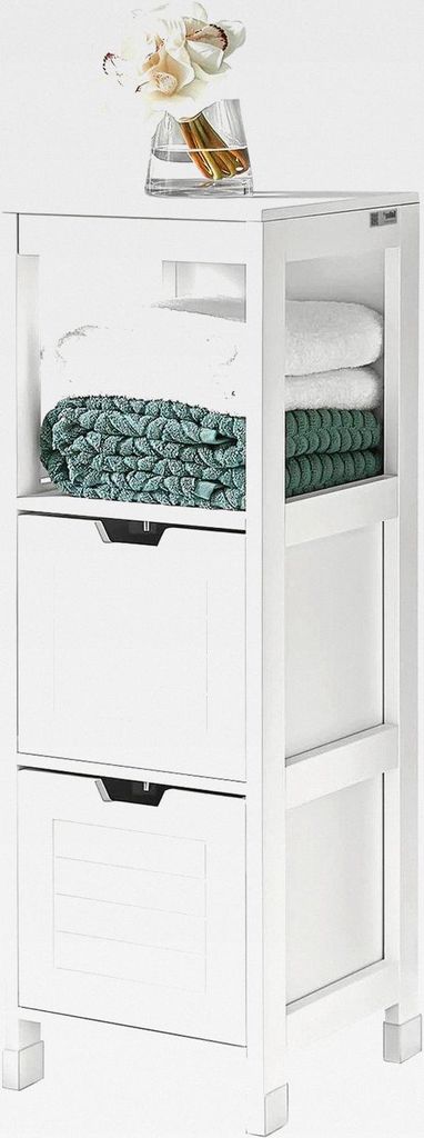 Badezimmerschrank Kommode – Schmaler Badezimmerregal mit 2 Körben – Kompakter Badschrank für kleine Räume aus Holz, Stilvolle Badmöbel, Wei...
