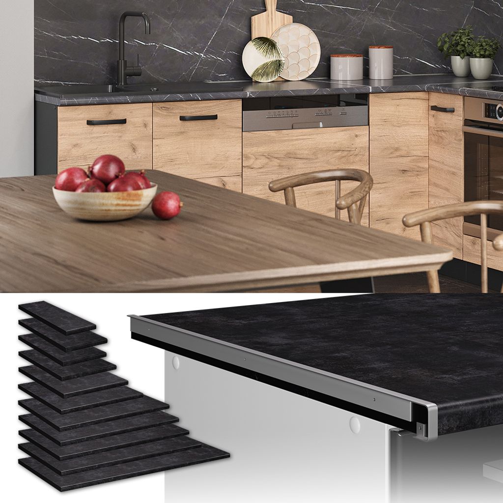 A kitchen scene with a table and countertop, and a separate image of countertop samples.
