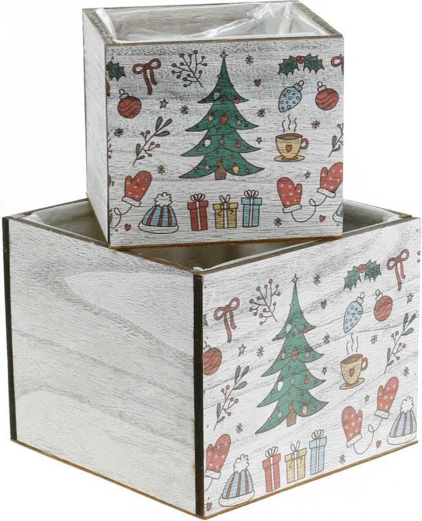 Pflanzgefäß Holz Weihnachtsdeko Weiß Bunt, Übertopf, Blumentopf, Quadratisch 20×20, 15×15 cm 2er-Set