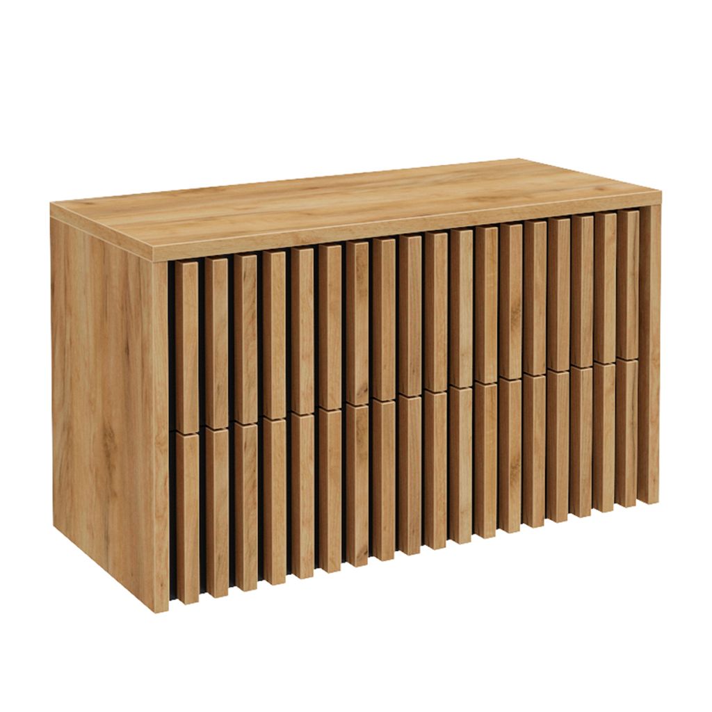 A wooden cabinet with slatted doors against a white background.