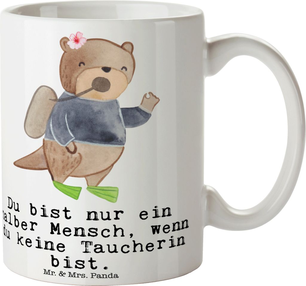 Mr. & Mrs. Panda Tasse Taucherin Herz - Weiß - Geschenk, statement, mit Motiv, Kaffeetasse, Teetasse, Trinkbecher