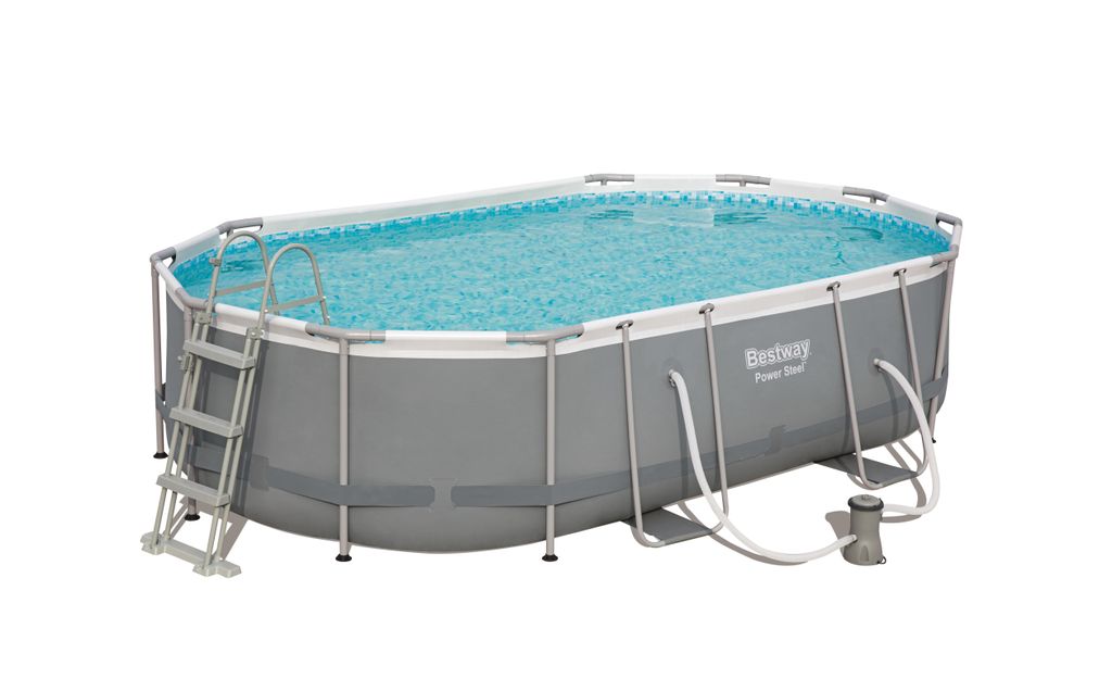 An oval-shaped above-ground swimming pool filled with water, with a ladder and a filter pump visible.