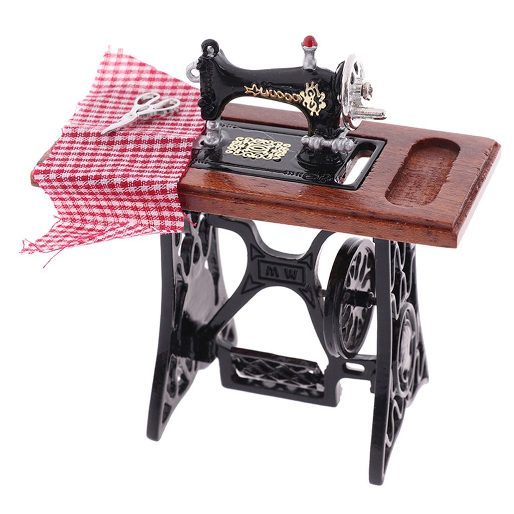 Puppenstube Miniatur Nähmaschine aus Metall mit Holz Tisch für 1:12 