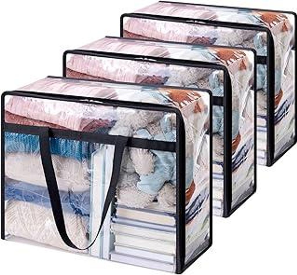 Lifewit 3 Stück Transparente Plastik Aufbewahrungstasche, 40L Kleiderschrank Organizer Aufbewahrungsbox mit Deckel Kleideraufbewahrung Umzugskarto...
