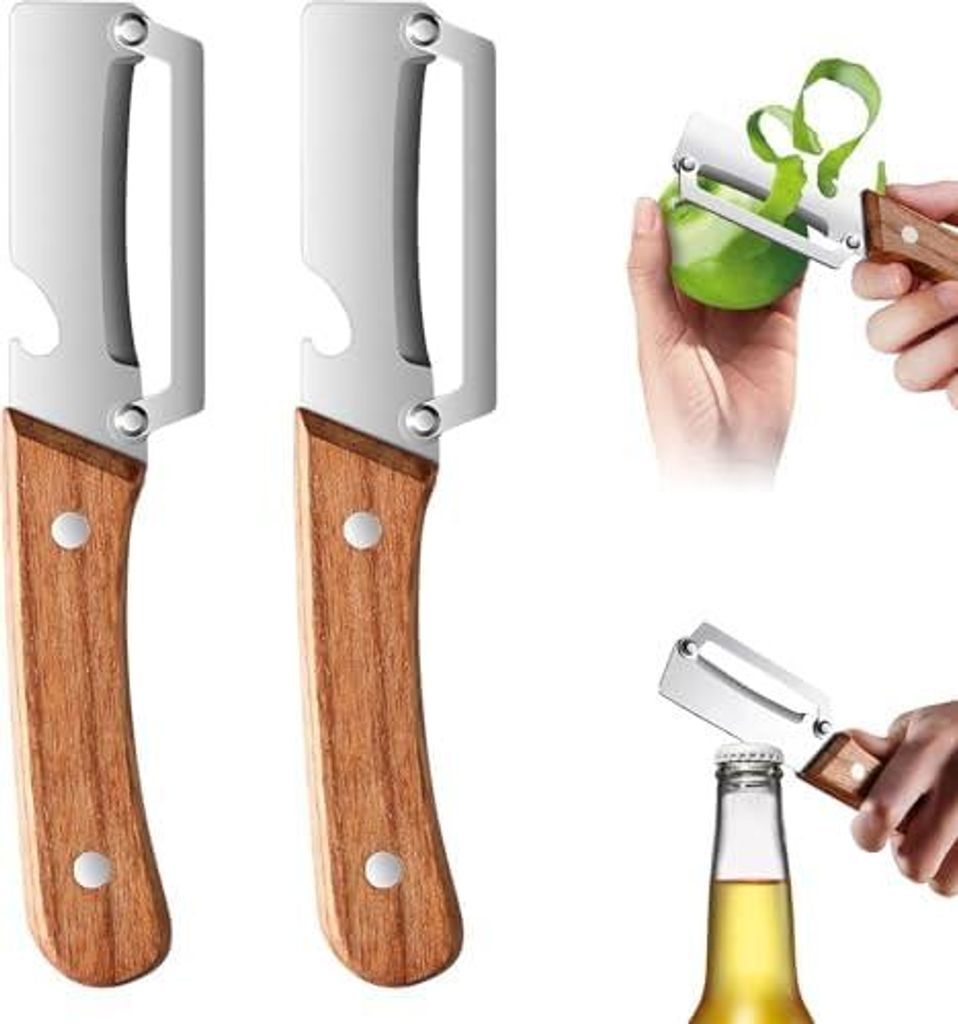 3-in-1 Multifunktionaler Gemüseschäler für die Küche,2Stück Zero Snag Holzschäler aus Edelstahl,Sparschäler mit Holzgriffintegriertem Flasch...