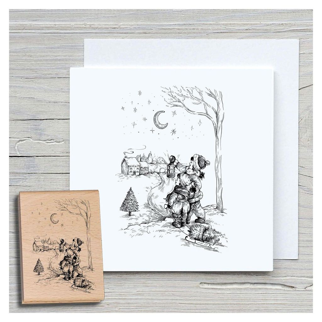 Stempel Freunde mit Schlitten Motiv aus Holz und Gummi für Karten und Geschenke, Holzstempel für Weihnachten, Weihnachtskarten, Winter, Scrapbook...