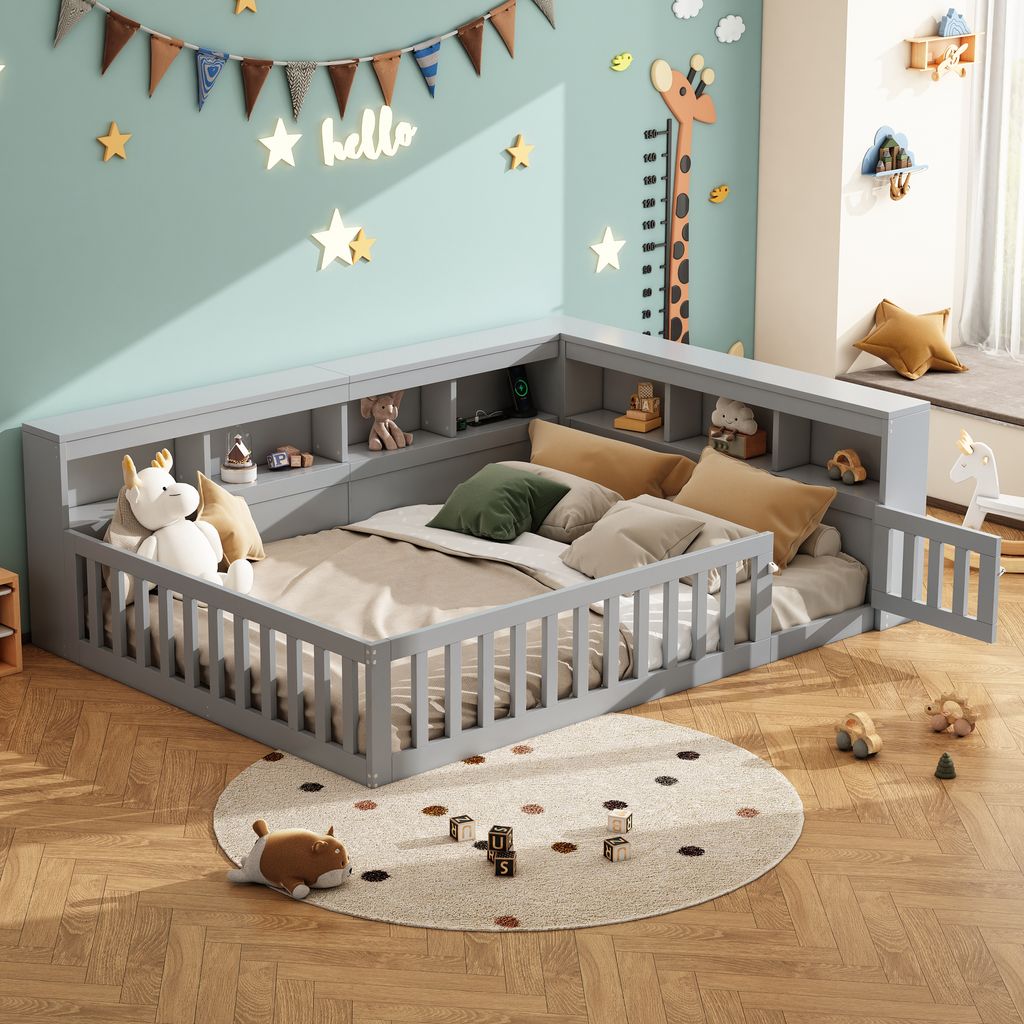 A child's bedroom with a grey floor bed, shelves, and toys.