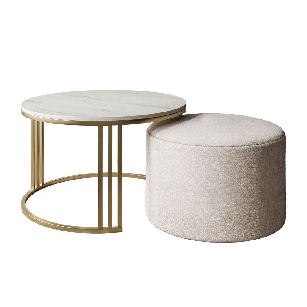 Couchtisch mit Hocker LORI MAT gebürstetes Gold/Marmor Levanto, Perfect Harmony 01