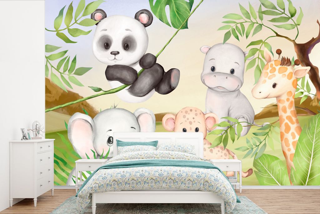 MuchoWow Fototapete für Wohnzimmer oder Schlafzimmer Wandtapete Vinyl Motivtapete Dschungeltiere - Kinder - Panda - 450x300 cm - Gemusterte