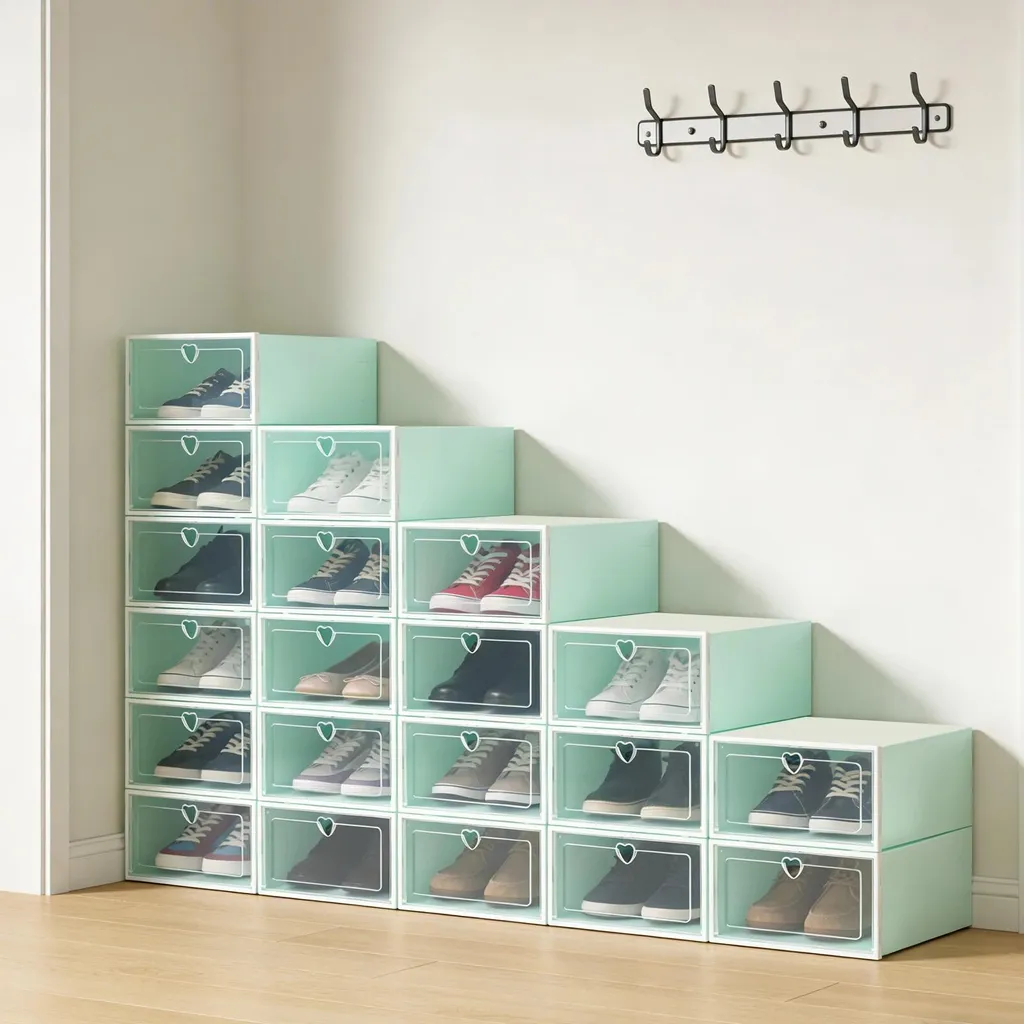 Lot de 20 boîtes à chaussures empilables grand format en plastique vert - 3