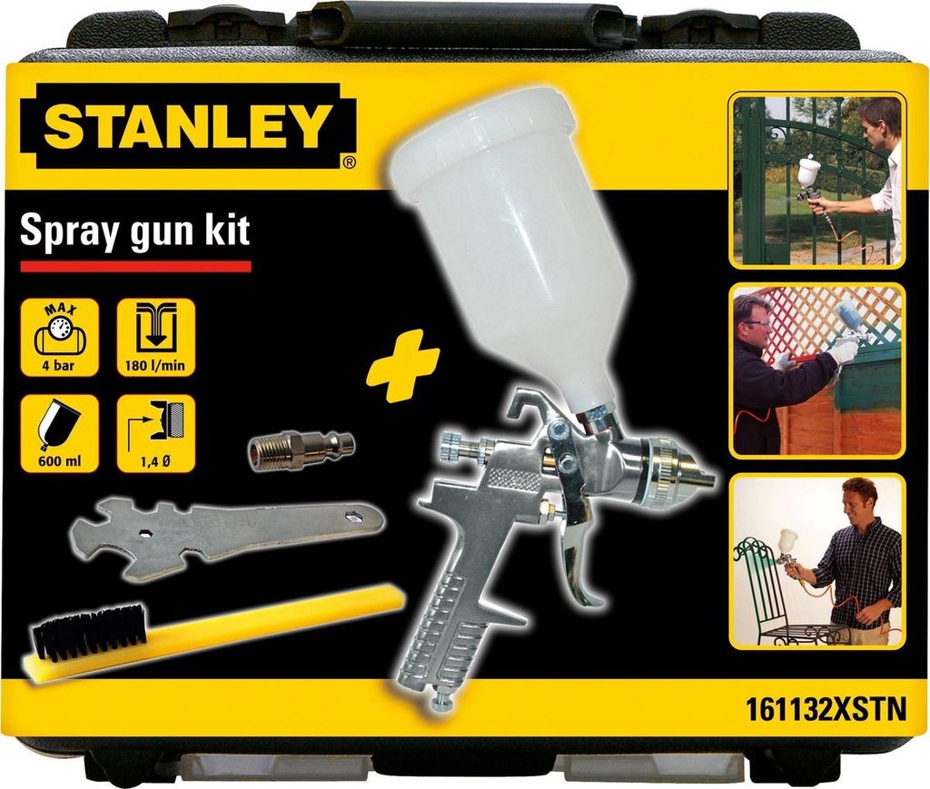 Stanley Farbsprühpistole mit Zubehör 161132XSTN - Behälter 0.6L - Max. 4Bar - Inkl. Bürste und Aufbewahrungsbox - Schwarz/Silber