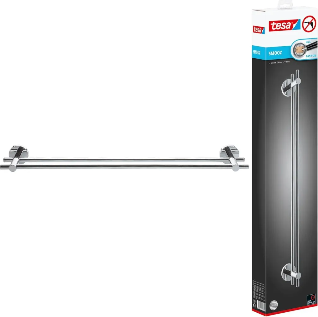 tesa SMOOZ portasalviette doppio, cromato - portasalviette con 2 guide - per montaggio a parete senza foratura, soluzione adesiva inclusa