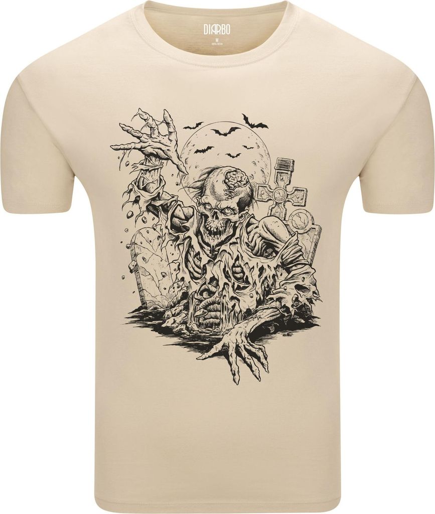 Diarbo Herren T-Shirt mit Düsterem Druck Zombie steigt aus dem Grab Beige Gr.M