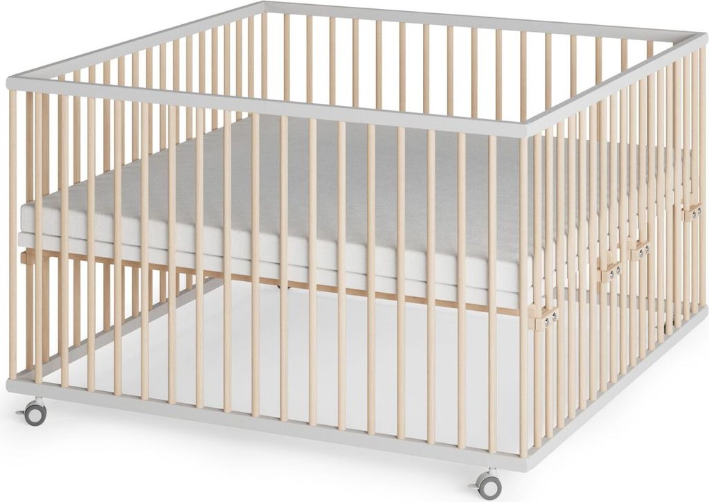Laufgitter XXL 120x120 cm Matratze Cloud Air, Lattenrost & Sprossen weiß/natur