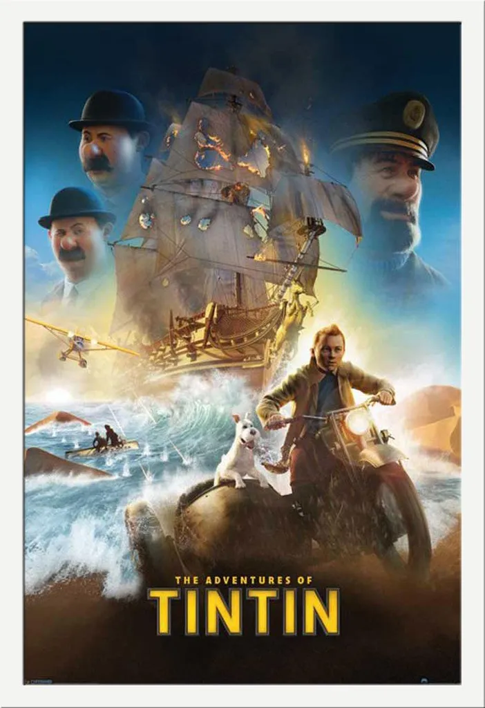 Tintin - Poster - Foglio unico internazionale Versione 2 + cornice rimovibile, Shinsuke® Maxi MDF bianco, disco acrilico