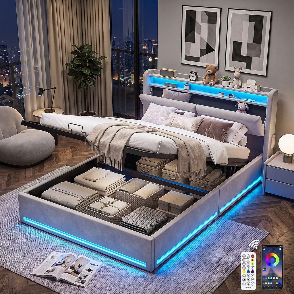 OYAJIA Polsterbett LED Doppelbett 140x200cm, Stauraumbett Produktbild 