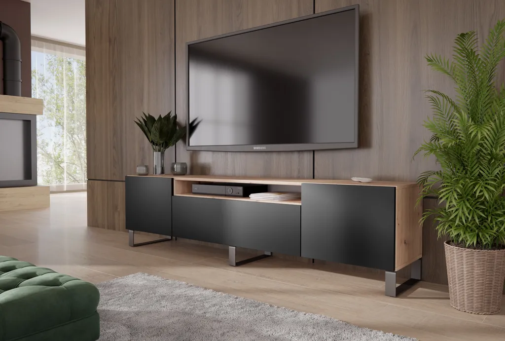 Meuble TV Leo III 200 cm Chêne Artisan et Noir au Design Moderne Salon