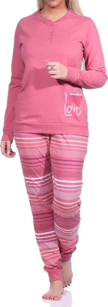 Eleganter Damen Pyjama mit Bündchen und gestreifter Hose + Herzmotiv - auch in Übergrössen ; altrose , 40/42