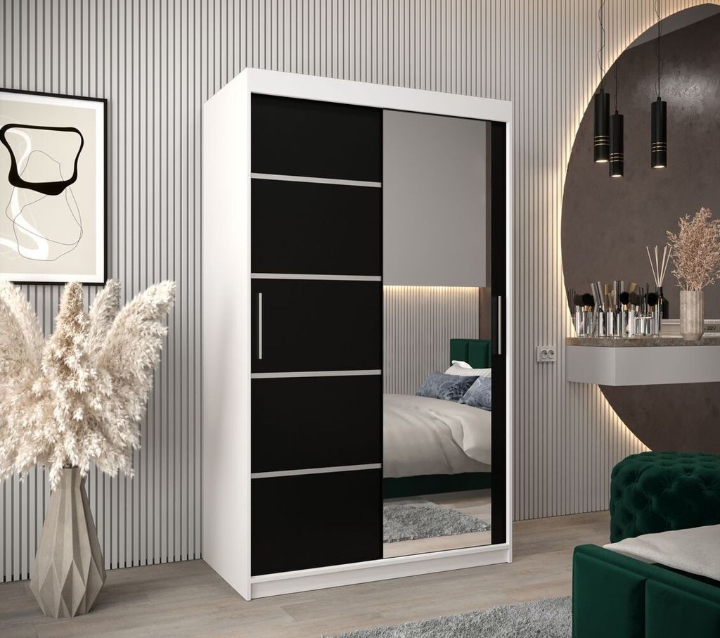 Spiegel-Kleiderschrank ADELA – 120 cm, weiß / schwarz