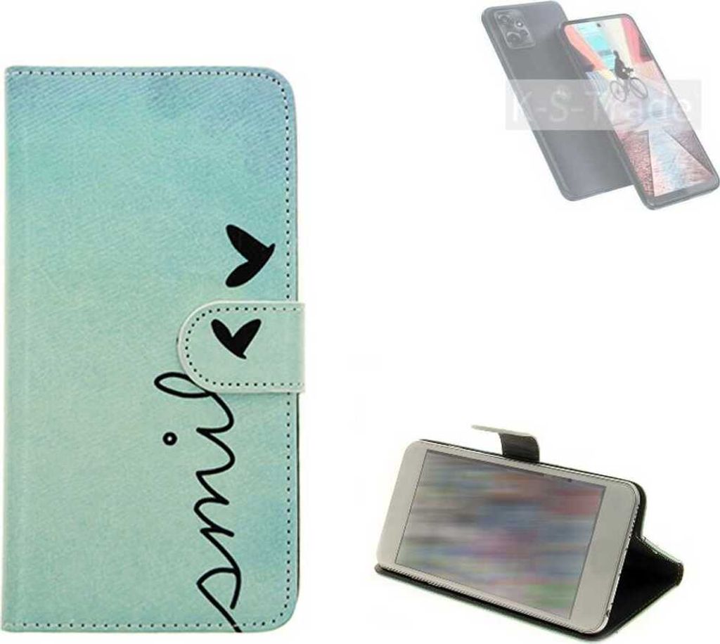 K-S-Trade Schutz Hülle Handy Hülle kompatibel mit Motorola Moto G Power 5G Hülle Handyhülle cover bookstyle Etui Handyhülle “smile“ türkis