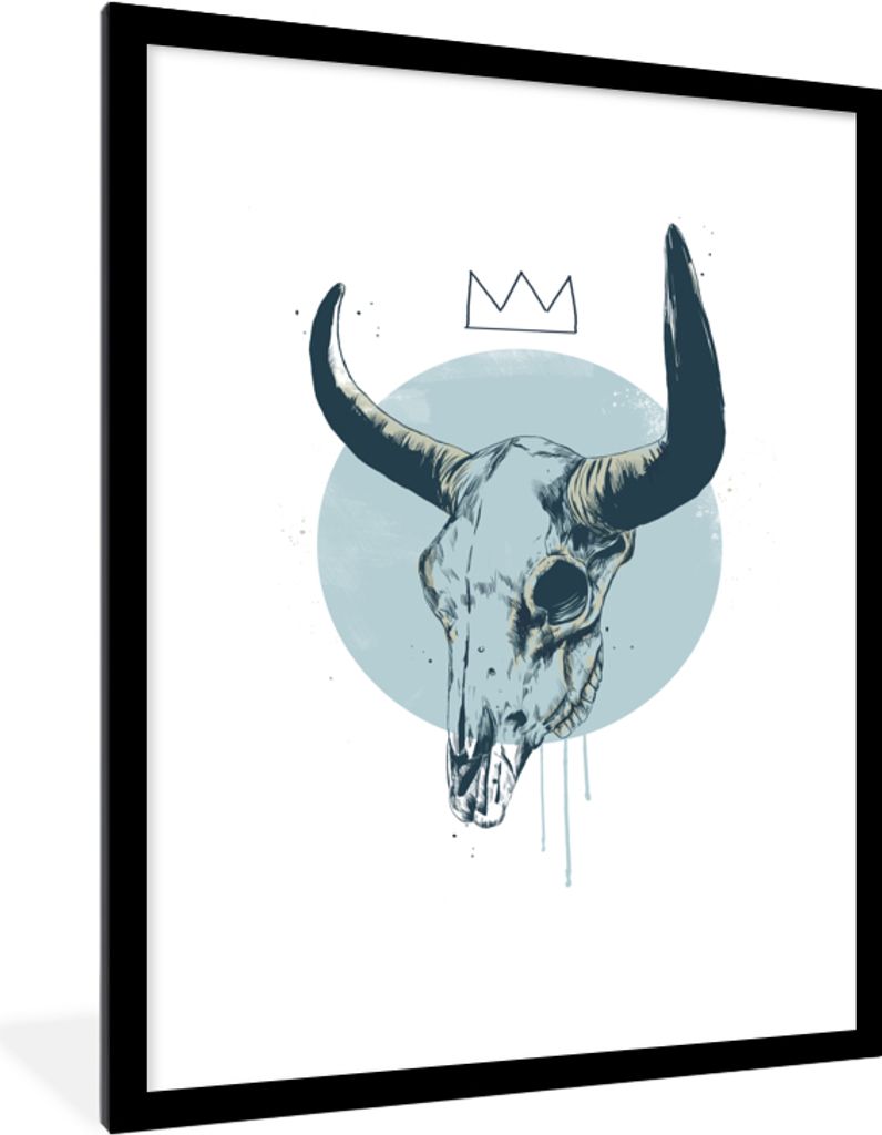 MuchoWow Gerahmtes Poster Totenkopf - Hörner - Krone - Blau 60x80 cm - Poster mit Schwarzem Bilderrahmen Wandposter Rahmen Foto Bilder - Wohnzim...