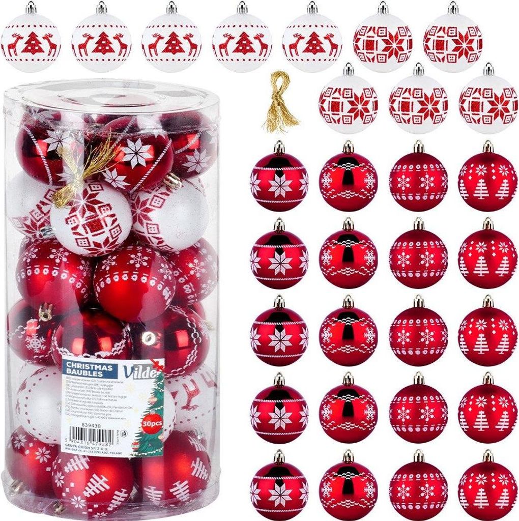 A collection of red and white Christmas baubles in a clear plastic container and arranged around it.