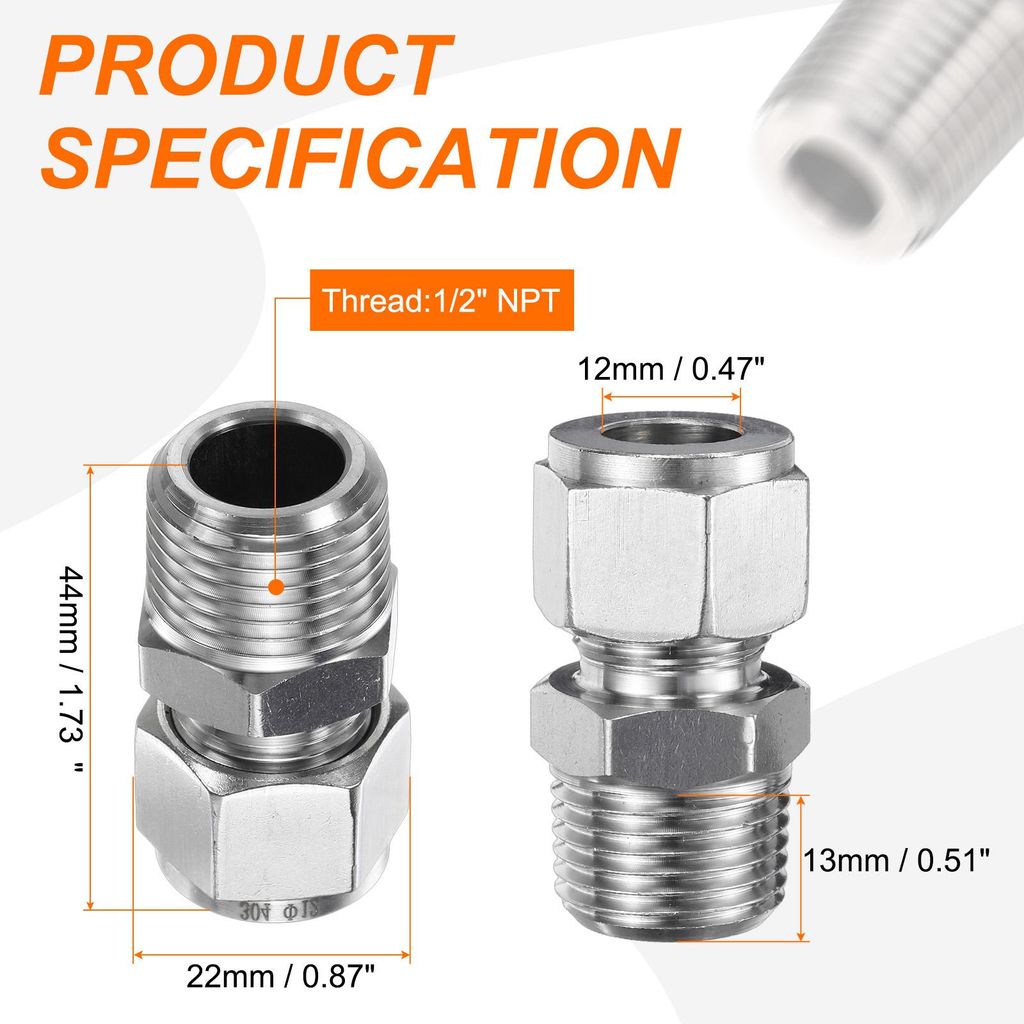 Edelstahl Kompressionsrohr Verschraubung 12mm OD x 1/2" NPT Gewinde M?nnlich Gerade Kupplung Adapter Rohrfitting Klemmringverschraubung fš¹r ?l G...