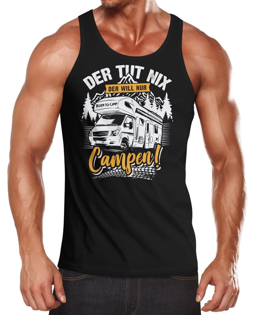 Herren Tanktop Camping Der tut nix der will nur campen Geschenk für Wohnmobilbesitzer Fun-Shirt Spruch lustig Moonworks schwarz/orange S