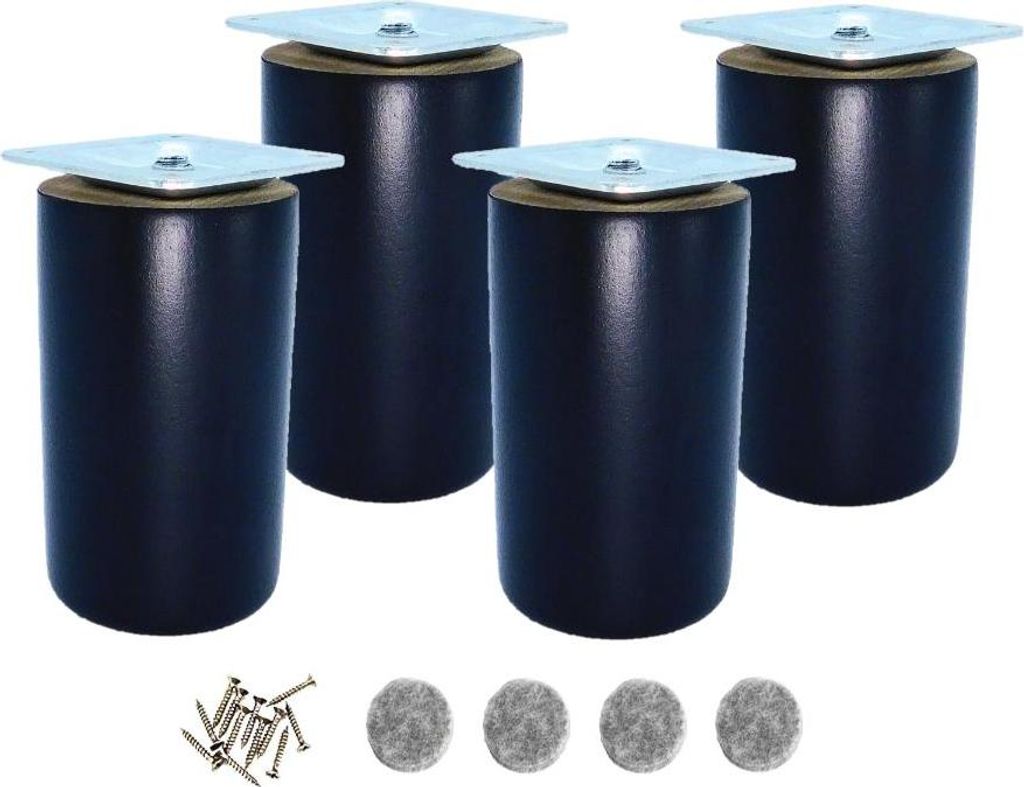 Schwarze, lackierte Möbelbeine aus Buchenholz, zylindrisch, 12 cm, 4er Set mit Befestigung