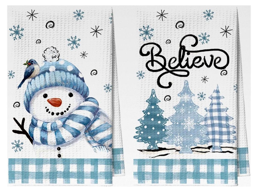 Blauer Büffel Karo Schal Schneemann Bäume Weihnachten Küchentücher Geschirrtücher, 42x65 cm Mikrofaser saugfähig Küchen Deko 2er Set