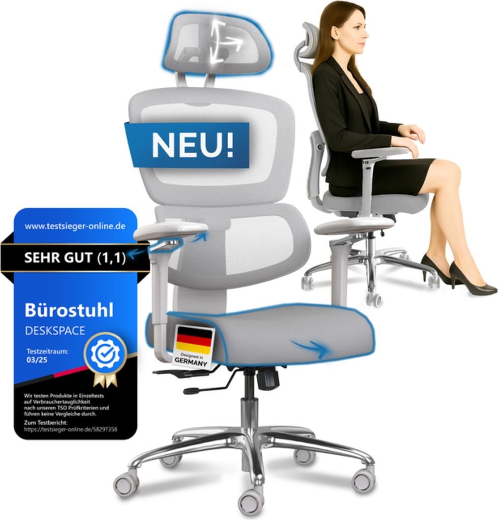 DESKSPACE Move Pro Ergonomischer Bürostuhl - Höhenverstellbarer Drehstuhl 3-stufiger Neigung Schreibtischstuhl, Bürodrehstuhl 150 kg Grau