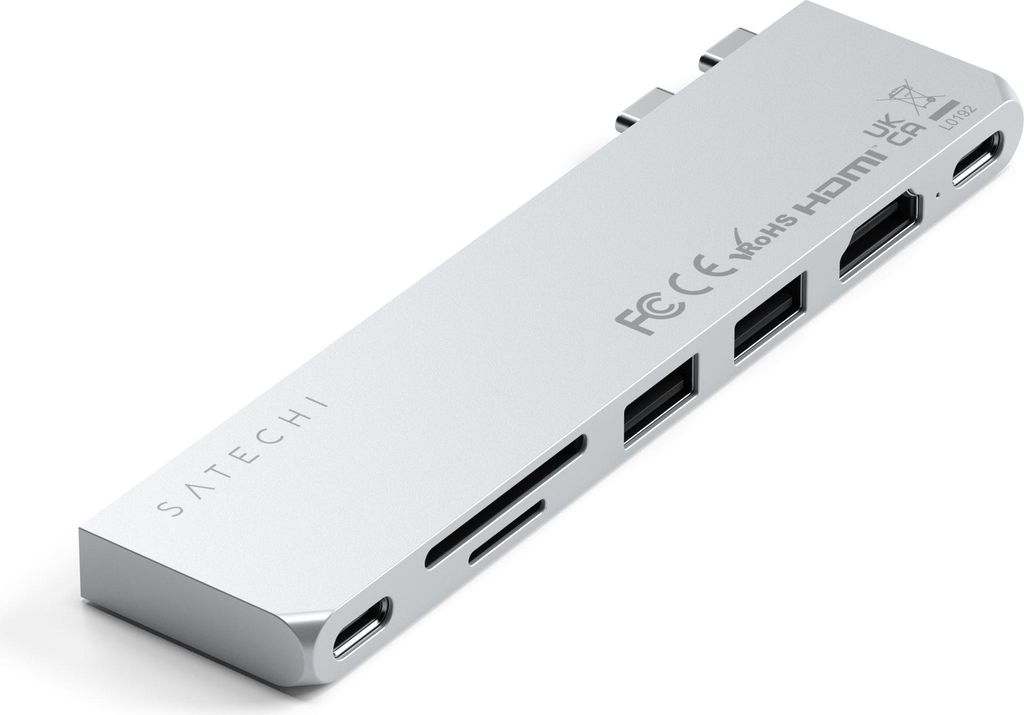 A silver Satechi Pro Hub Slim is shown against a white background.