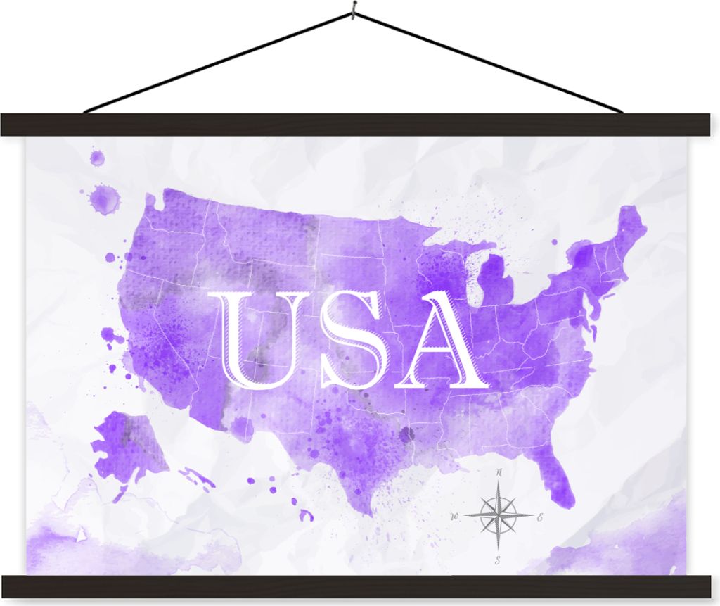 MuchoWow Textilposter Karte - Amerika - Lila - Aquarell 120x80 cm mit schwarzem Rahmen - Wanddeko