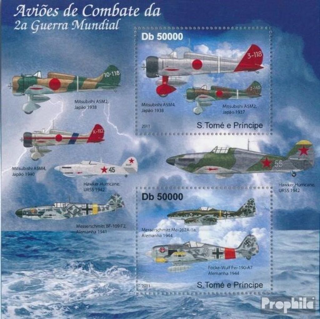 Briefmarken Sao Tome e Principe 2011 Mi Block 823 (kompl. Ausgabe) postfrisch Kampfflugzeuge im Zweiten Weltkrieg.