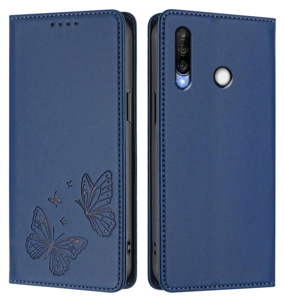 Lederhülle für Huawei P30 Lite, Schmetterling Prägung Leder Brieftasche Schutzhülle mit Ständer Dunkelblau
