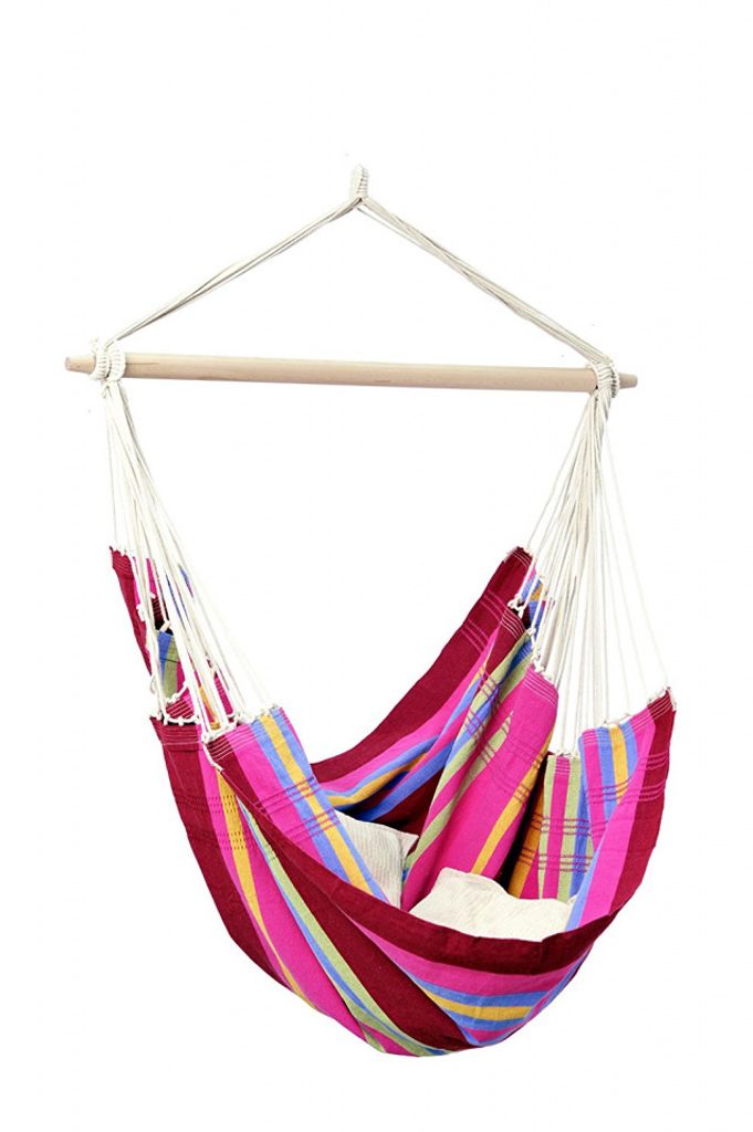 A hanging hammock chair with a wooden spreader bar and colorful striped fabric.