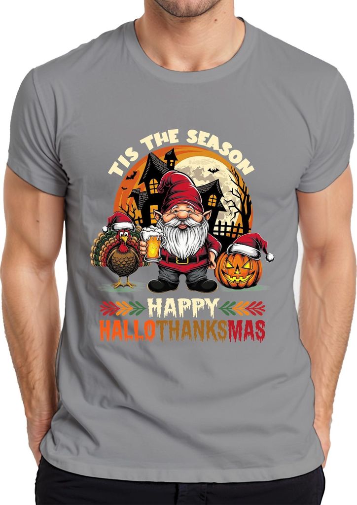 Happy Hallothanksmas Gnome Turkey Jack O Lantern Haunted Pumpkin Herren T-Shirt, Grau, S