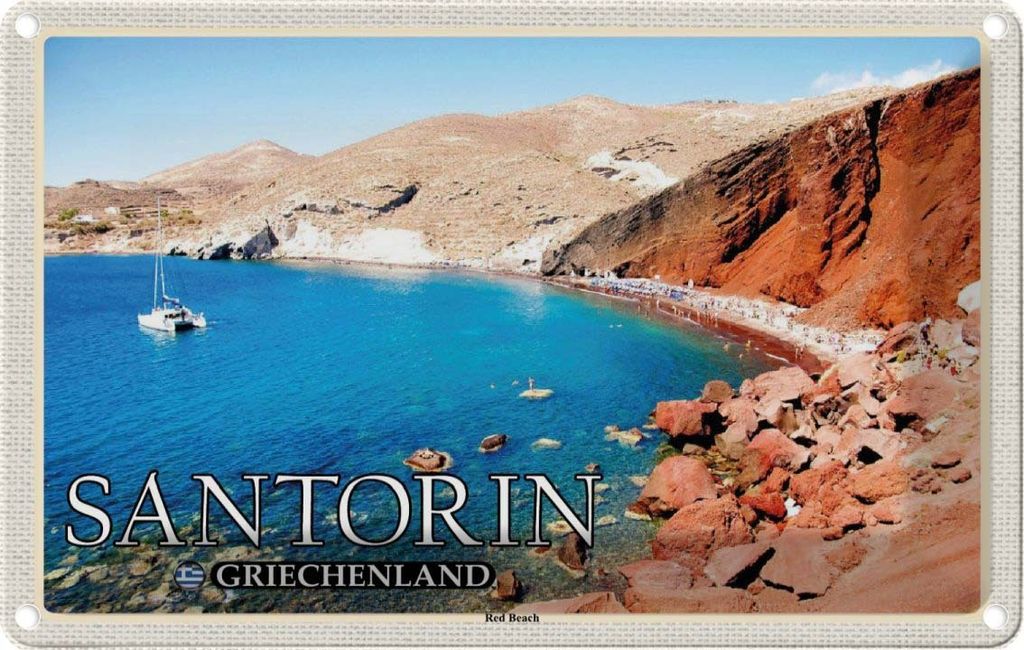 vianmo Blechschild 12x18 cm Santorin Griechenland Red Beach Strand Bildmotiv Reisemotiv Abenteuer Reisen
