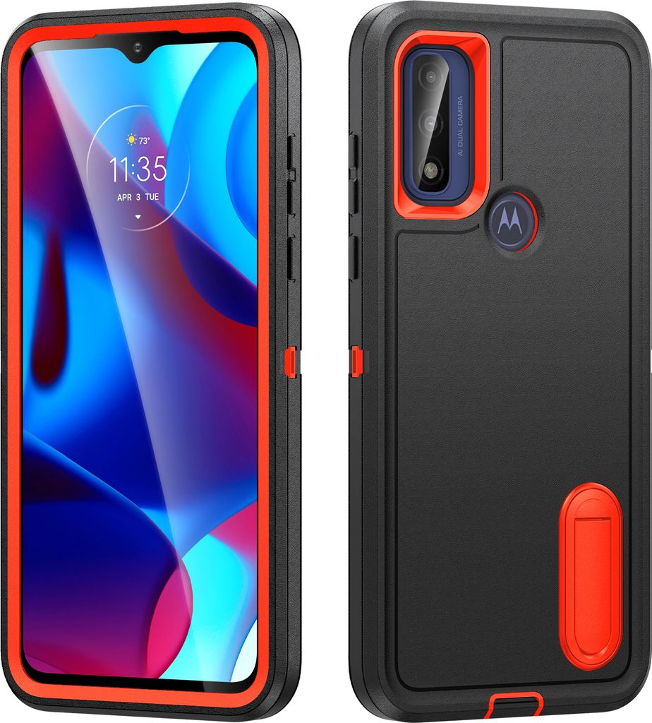 Hülle für Motorola G Pure / Moto G Power 2022 Hybrid Dreilagige Robust Stoßfest Schwerlast Schutzhülle mit Ständer Schwarz Orange