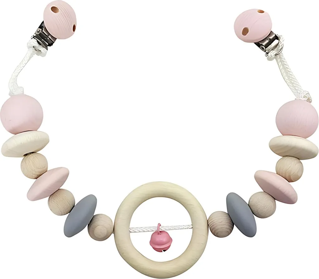 Hess Accroche-poussette naturel avec cloche rose pour bébé en bois