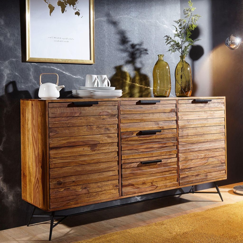 FineBuy Sideboard Sheesham Bois Massif 160cm 2 portes & 3 Image du produit 
