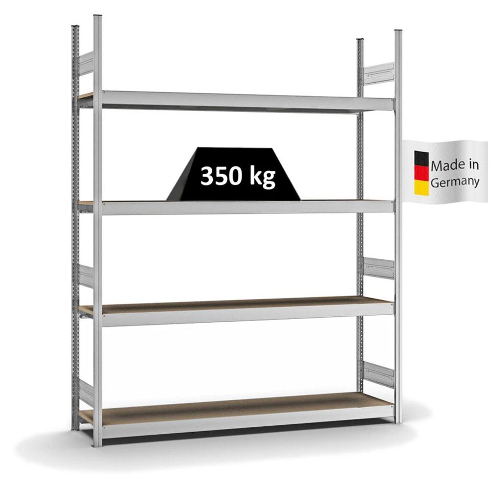 PROREGAL Weitspannregal Stecksystem MAGNUS Germany | HxBxT 250x200x40cm | 4 Ebenen | Spanplatten-Fachboden | Fachlast 350kg | Verzinkt