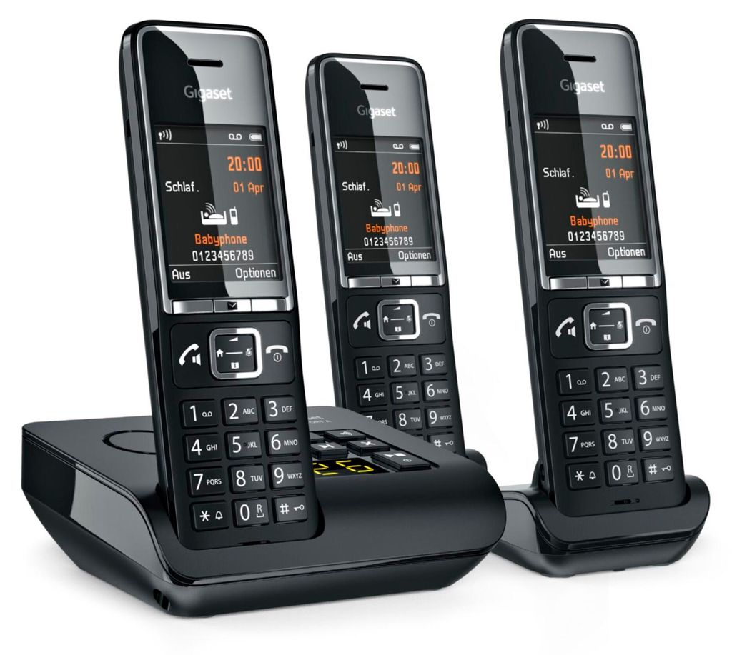 Three Gigaset cordless phones are displayed on a black charging base against a white background.